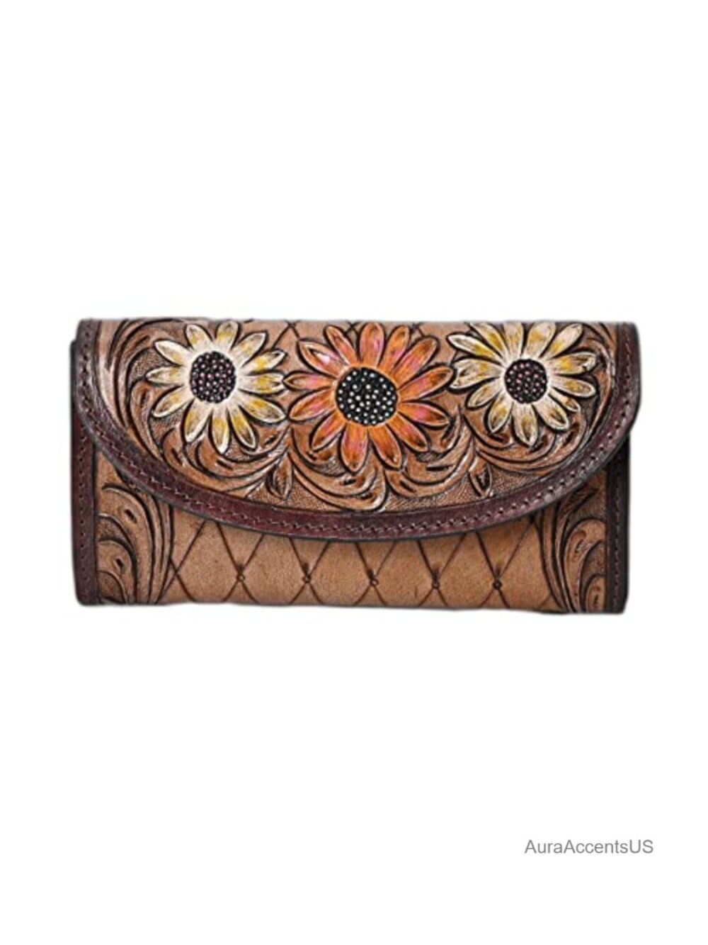 Handtooled Leather Clutch Wallet Tooled Full Grain Floral Western RFID Wristlet